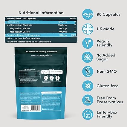 Magnesium Glycinate 3-in-1 Complex - 1800mg Supplements as Bisglycinate, Citrate & Malate 90 Vegan Capsules, Triple High Absorption 384mg Elemental, UK Made (Packaging Design May Vary)