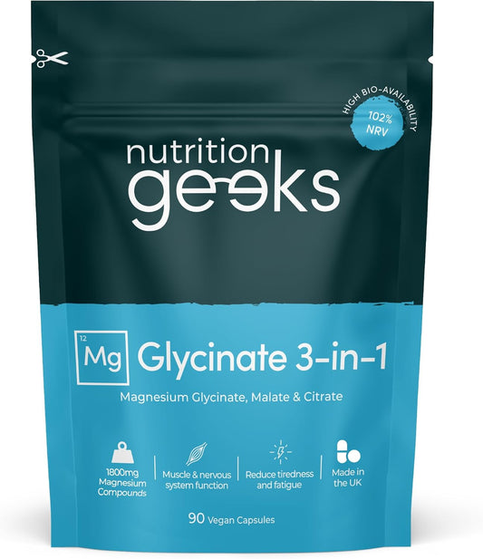 Magnesium Glycinate 3-in-1 Complex - 1800mg Supplements as Bisglycinate, Citrate & Malate 90 Vegan Capsules, Triple High Absorption 384mg Elemental, UK Made (Packaging Design May Vary)