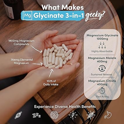 Magnesium Glycinate 3-in-1 Complex - 1800mg Supplements as Bisglycinate, Citrate & Malate 90 Vegan Capsules, Triple High Absorption 384mg Elemental, UK Made (Packaging Design May Vary)
